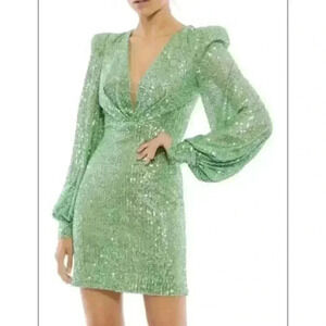 MAC DUGGALPuff Sleeve Sequin Mini Dress Sequin Light Green Ballon Long Sleeve 0